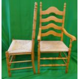 Set of six beech ladder back rush seated dining chairs to include two carvers