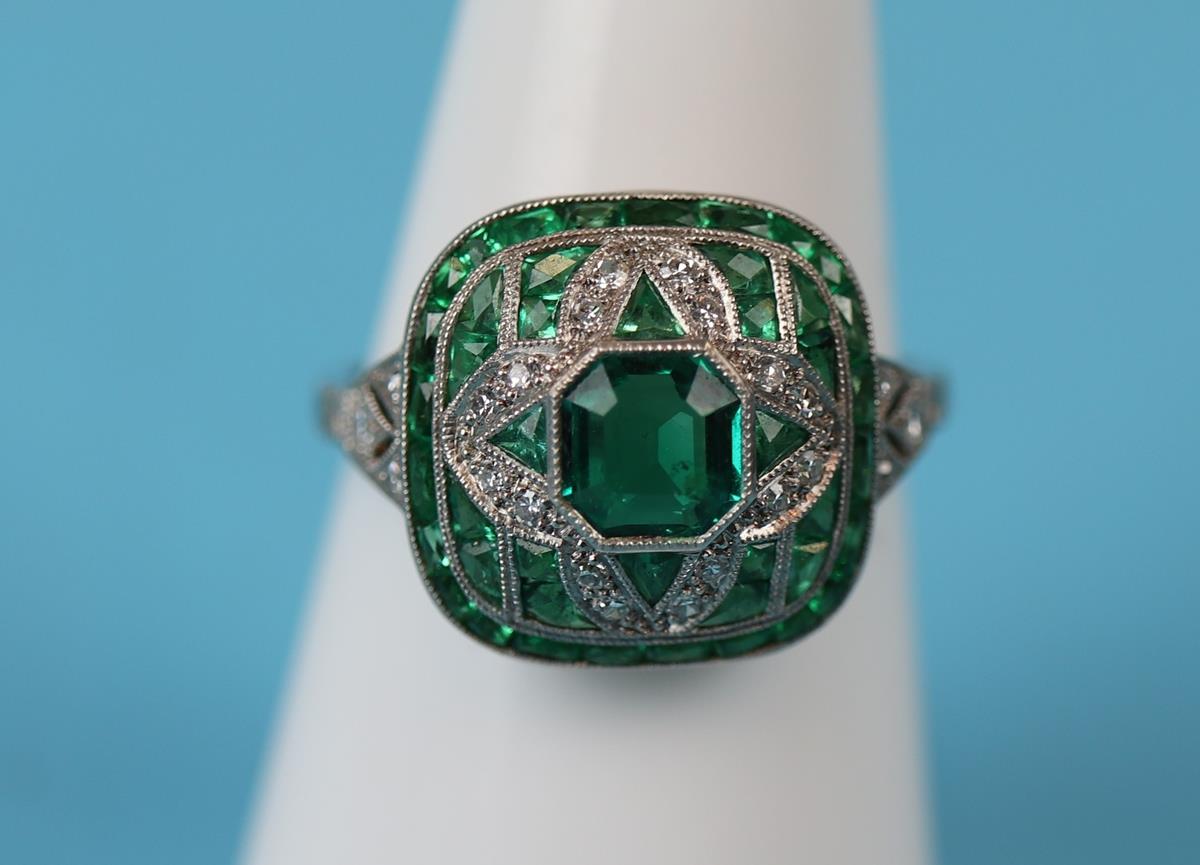 Platinum emerald and diamond Art Deco style ring