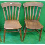 Set of four C19th elm seated slat back dining chairs