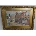 Large watercolour in interesting gilt frame - Woman and Geese signed J C Sykes