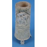 Carved ivory brush pot depicting elephants and tigers A/F - Approx H: 23.5cm