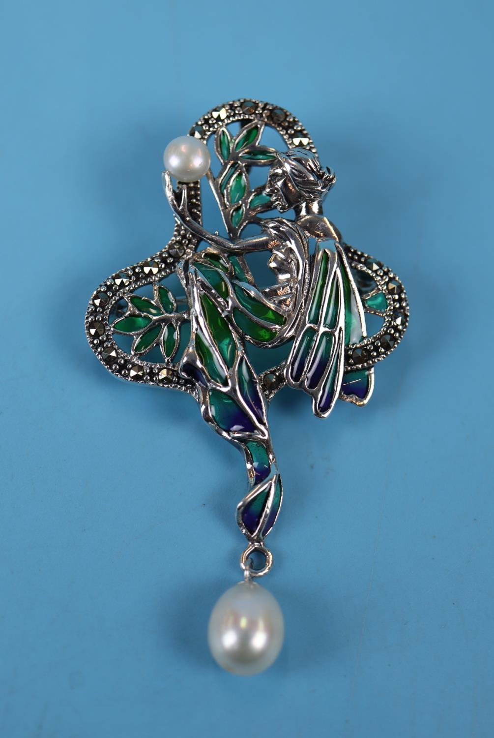 Silver & enamel pearl set pendant brooch