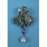 Silver & enamel pearl set pendant brooch