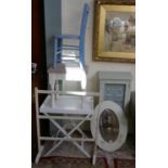 Collection of furniture to include butlers tray on stand, vintage child's chair, & towel rail