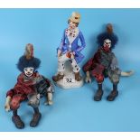 2 porcelain clown dolls & clown figure