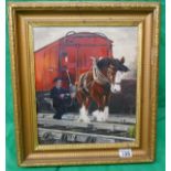 Oil on board in gilt frame - Horse on Railway Track signed G Hopkins