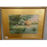 Watercolour - Family Haymaking signed R H Walker C1900