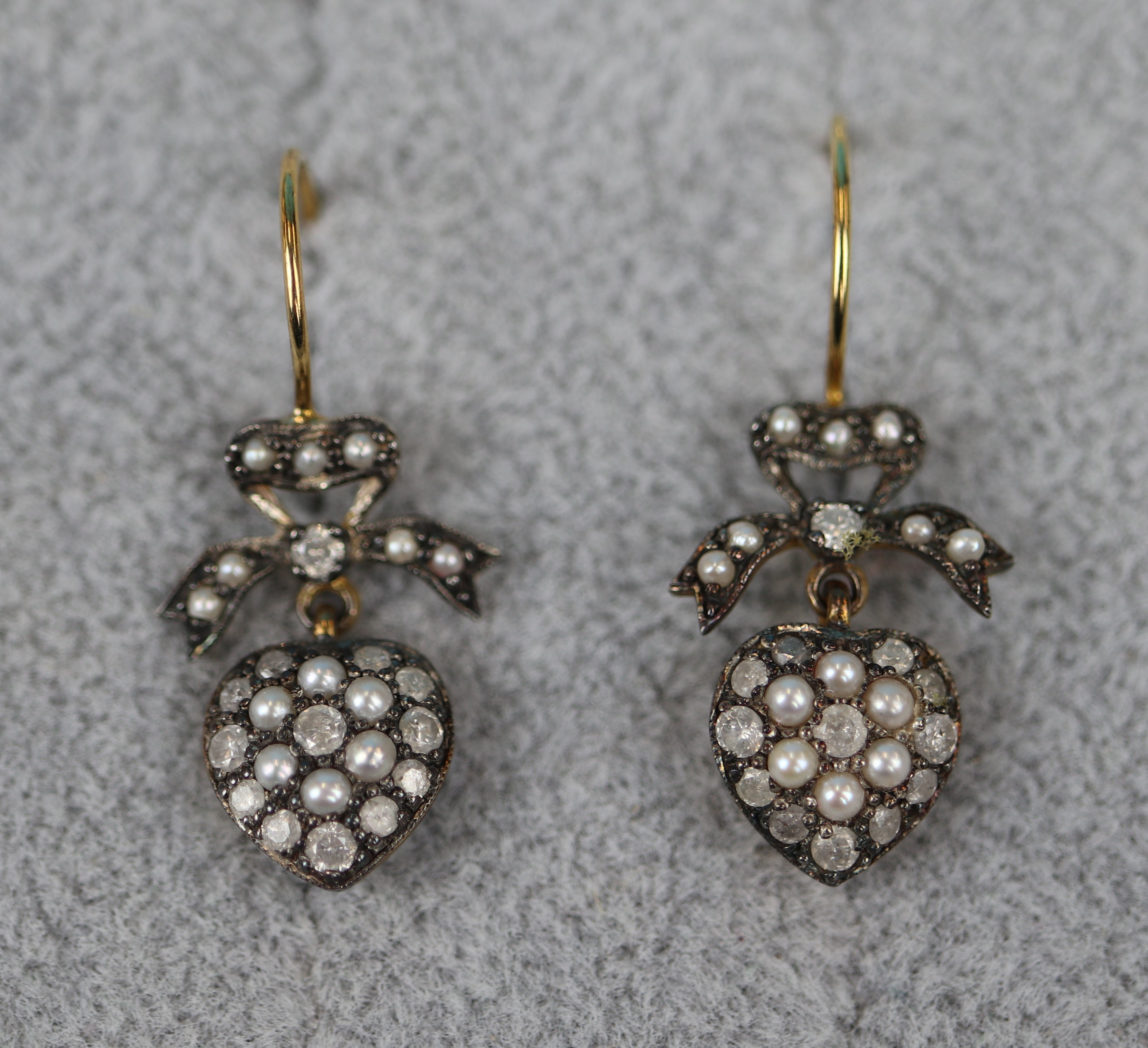 Pair of pearl & diamond heart drop earrings