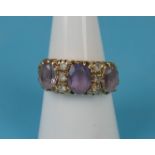 Edwardian 9ct gold three stone amethyst and white stones ring