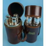 2 leather cased triple hip flasks