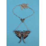 Silver, enamel & stone set butterfly pendant on chain