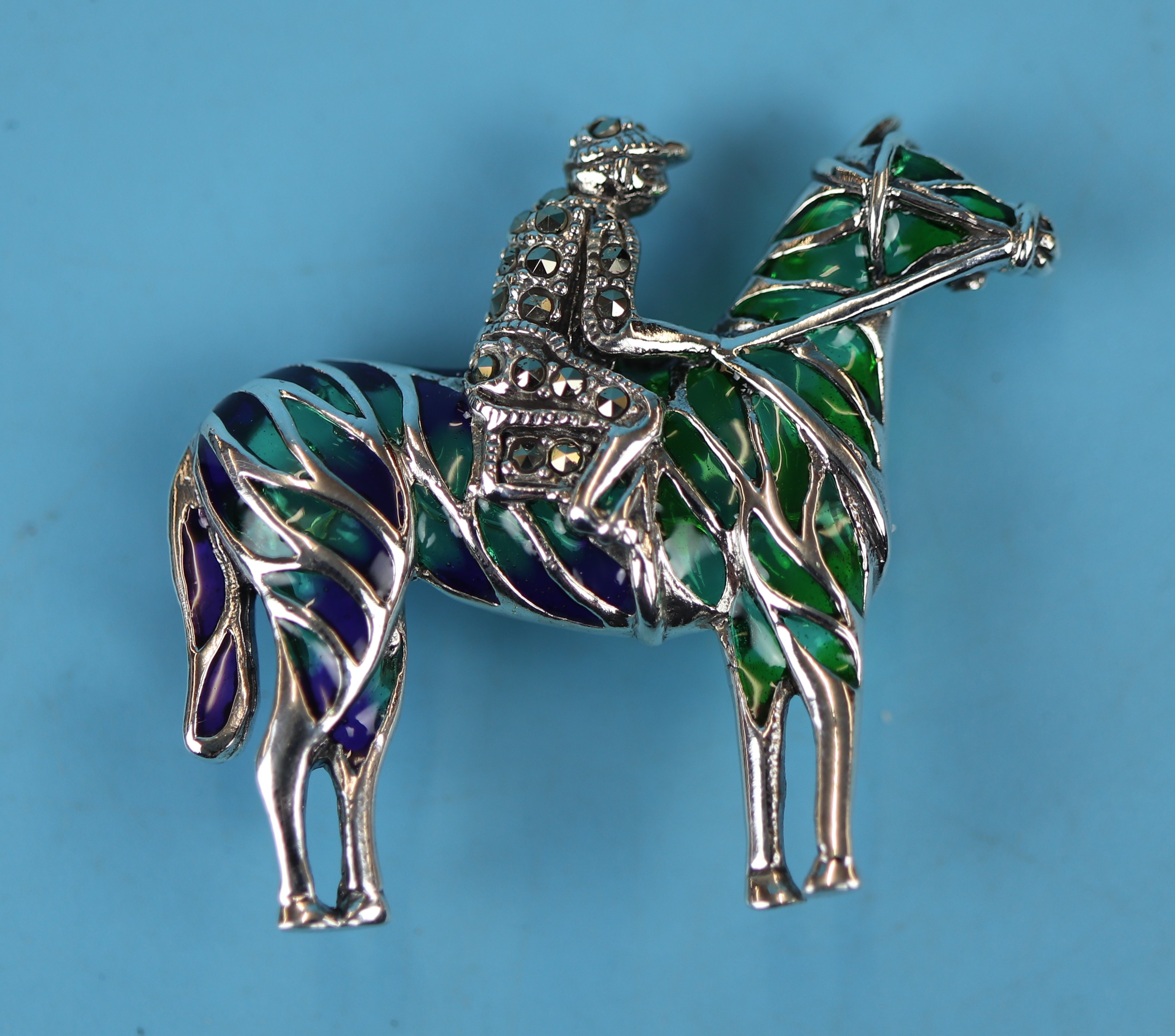 Silver & enamel horse & jockey brooch