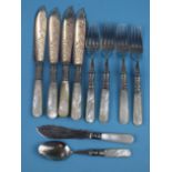Silver mounted fish knives and forks with mother of pearl handles
