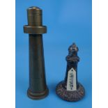 Cornish serpentine novelty carved desk thermometer & WWI brass trench art novelty lighter both in