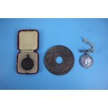 WW1 medal named PTE FJ Tombs, 1938 lifesaving medal and a French Liberte Egalite Fraternite coin
