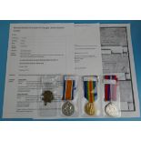 3 WWI medals & service badge - Ernest W Sharpe - Army Service Corps.