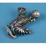 Silver enamel stone set cat brooch