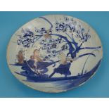 Chinese late Ming Dynasty plate, hand painted bird amidst blossom decoration, in cobalt blue &