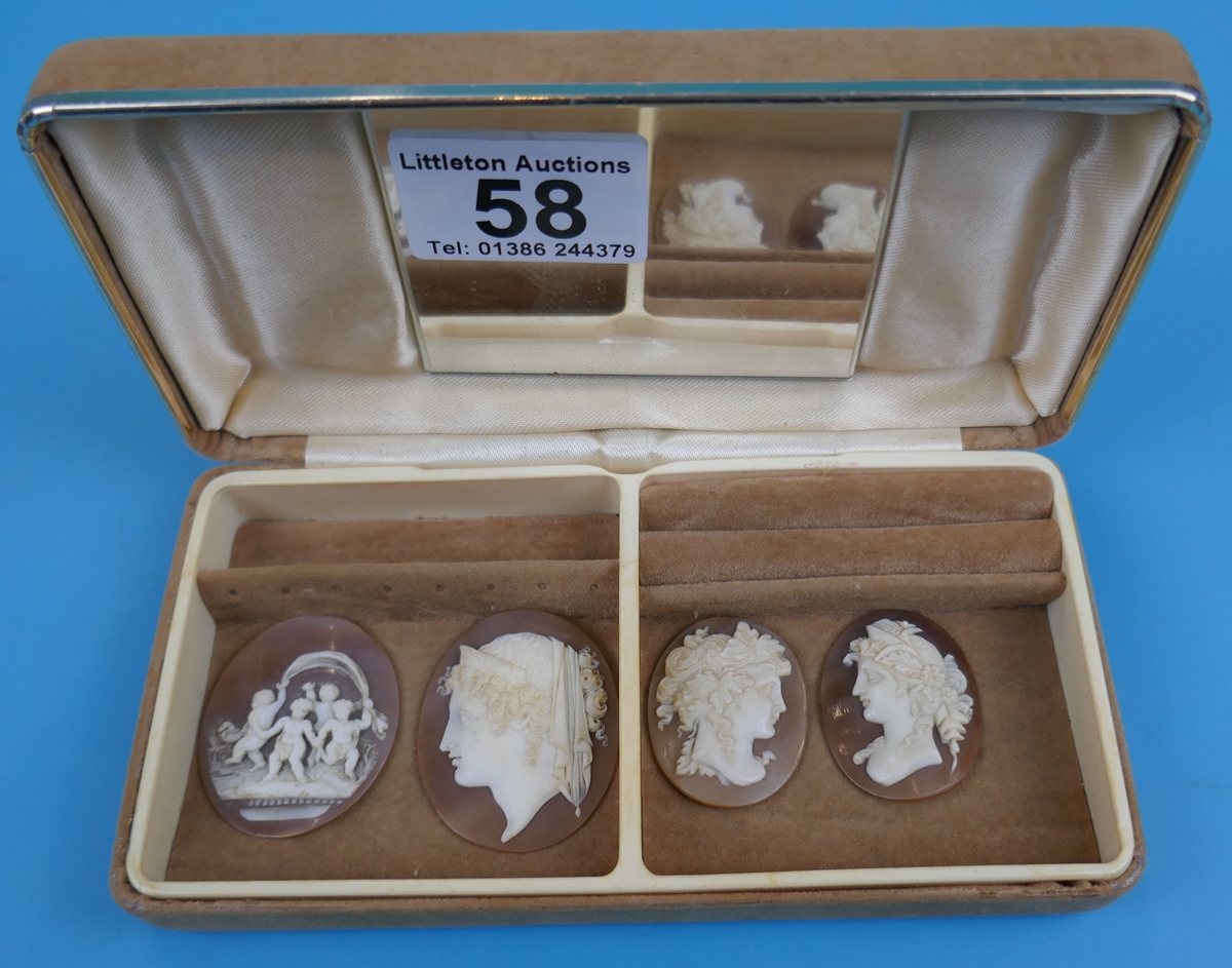 Collection of 4 cameos in small jewellery case