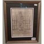 Framed pencil sketch in the style of L S Lowry - Old man smoking - Image size: 17cm x 24cm