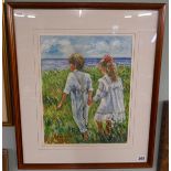 Oil painting - Boy and girl holding hands - Signed Jacquie 89 - Image size: 35cm x45cm
