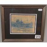 Framed pencil sketch in the style of L S Lowry - Ship - Image size: 15.5cm x 12.5cm