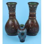 Pair of cloisonne vases and smaller vase - H: 30cm & 15cm