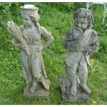 Pair of stone statues - Boy and girl - Approx H: 78cm