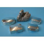 4 hallmarked hinged silver pill boxes and silver swan