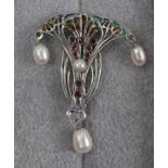 Silver ruby & pearl Art Nouveau style pendant brooch
