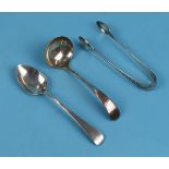 Hallmarked silver ladle, spoon & white metal sugar nips