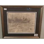 Framed pencil sketch in the style of L S Lowry - Ship - Image size: 26cm x 20cm