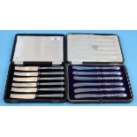 2 cased sets of butter knives, 1 with hallmarked silver handles