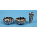 2 white metal condiment pots and cane top - Approx weight 92g