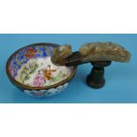 Chinese Qing Dynasty ceremonial wine cup with enamelled bowl & carved jade handle - H: 12cm