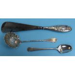 Hallmarked silver spoon, hallmarked silver ladle & silver handled shoe horn