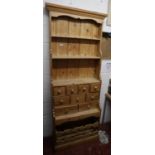 Pine waterfall bookcase with drawers and wine rack to base - Approx W: 72cm D: 33cm H: 205cm