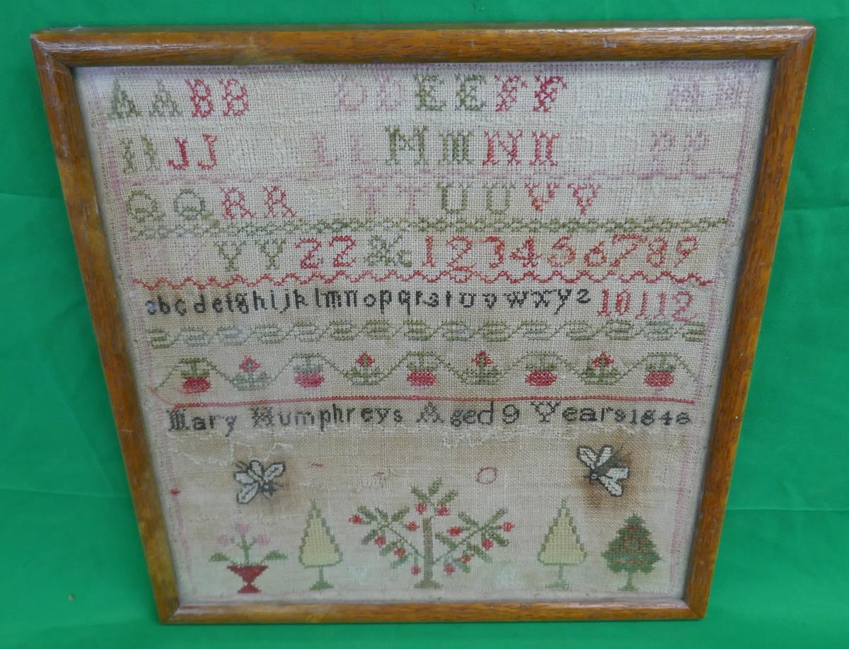 Small early Victorian framed sampler by Mary Humphries aged 9 - 1846