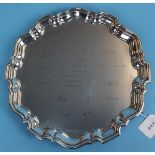 Large pie-crust hallmarked silver platter on feet - Makers mark E.V. - Approx weight 862g & diameter