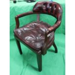 Mahogany framed leather button-back library tub chair