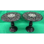 Pair of ebonised and inlaid carved tables - Approx H: 45cm