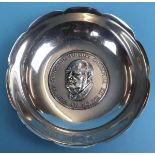 Hallmarked silver bowl featuring Sir Winston Churchill medallion - Markers mark A.E.J - Approx