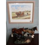 L/E signed Ploughing print and 3 ceramic horses