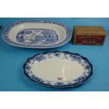 2 very large blue & white meat plates and Reckitt's wooden advertising box