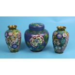 3 pieces of cloisonné to include matching pair of vases