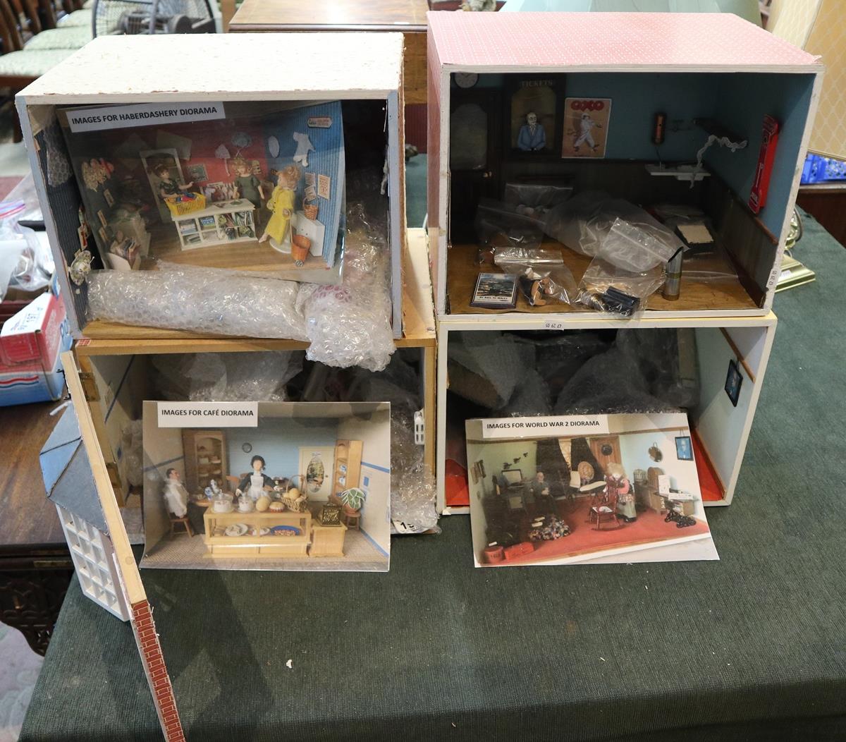 4 room dioramas to include haberdashery, café, WWII & museum