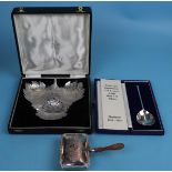 Cased & hallmarked silver spoon together with an Indian silver entrée dish & white metal muffin