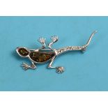 Silver & amber lizard brooch