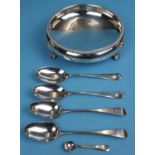 White metal bowl on feet, small white metal spoon & 4 hallmarked silver spoons