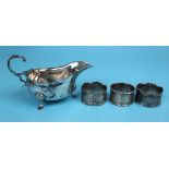 Hallmarked silver cream jug together with 3 hallmarked silver napkin rings - Approx weight 153g